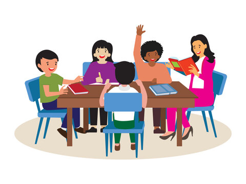 cheerful classroom study group scene teacher children sitting around table