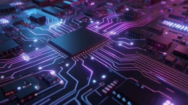 Futuristic light activated circuit board spinning purple blue reflections futuristic smooth seamless surreal ambience cascading softly abstract unique style ultra realistic cinematic loop