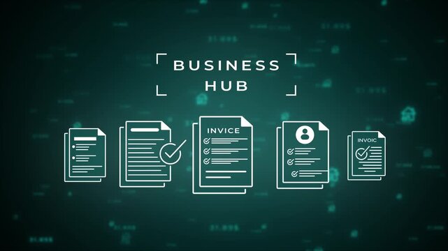 Business hub concept with representing financial documents and data flow on a dark teal background symbolizing a central point for commerce and information exchange