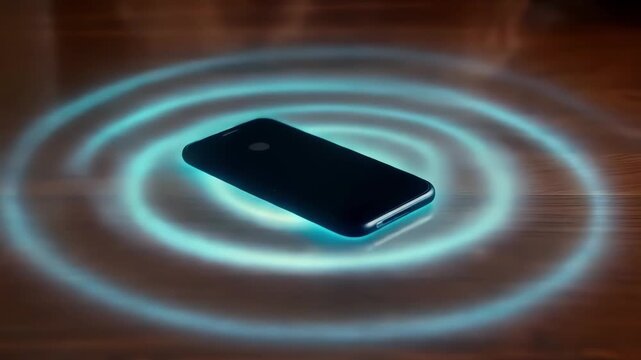 Smartphone starts charging wirelessly on desk with blue signal rings, modern phone receives power pulse while lying on table surface through air induction. Concept of wireless battery charging