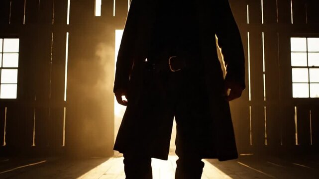 Silhouette Cowboy Standing in Barn Doorway with Golden Sunlight and Dust