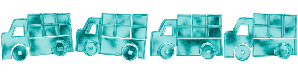 Set of four 3D delivery van shapes in frosted blue ice glass style, isolated on a transparent background. Glassmorphism icons and 3D elements for modern graphic design. © Thanh