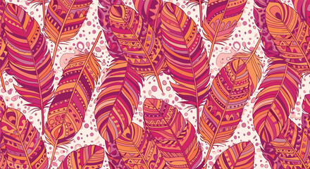 Fototapeta premium Vibrant pattern of colorful feathers decorated with intricate tribal and bohemian motifs offers a lively and creative texture.