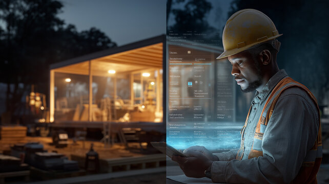 Craftsman uses cutting-edge software on a tablet, surrounded by a lively construction zone at dusk Generative AI