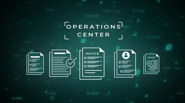 Operations center concept featuring financial document and data streams on a dark teal background representing centralized business management and control
