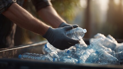 Hands are picking plastic bottles from a container during waste collection in an outdoor setting