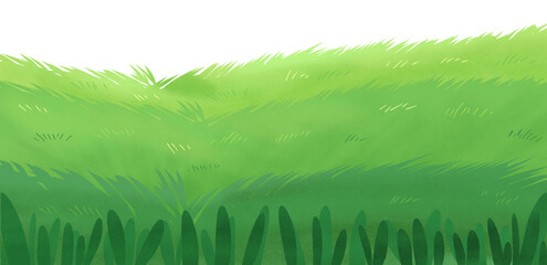 Lush Green Grass Field Background Illustration with White Sky and Copy Space