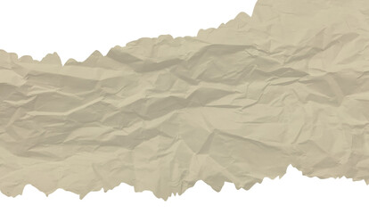 Textured crumpled beige paper with ragged, torn edges, isolated on white for background or overlay