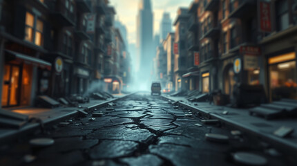 Cinematic Low Angle View of a Ruined Urban Street with Deeply Cracked Road, Post-Apocalyptic Debris, and Dramatic Light Rays in Stylized Game Art Environment