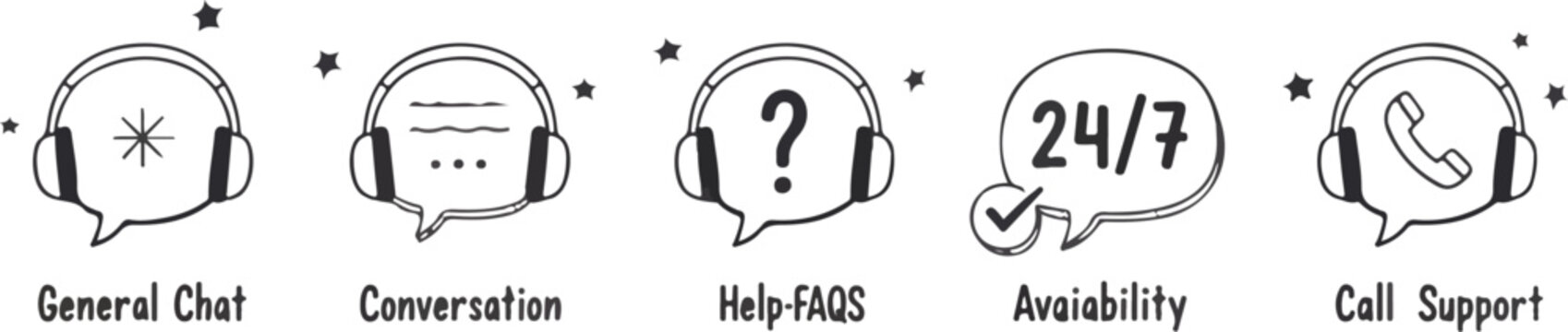 Streamlined Customer Support: An Array of Black and White Help Icons Representing Diverse Communication Channels and Services
