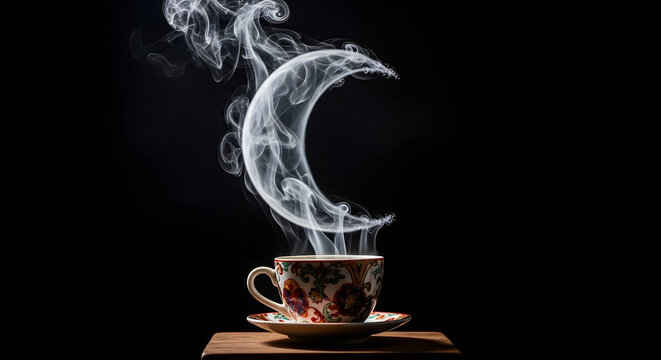 Steaming Cup of Coffee or Tea on a Table with Crescent Moon Shaped Vapor.