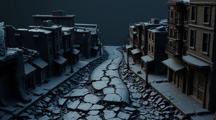Stylized isometric view of a devastated post-apocalyptic city street featuring massive earthquake damage with a shattered road and dramatic low-key lighting