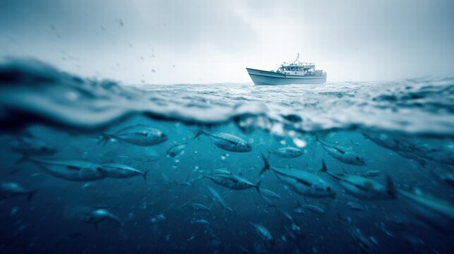 Underwater view of fish swimming with a boat on the ocean surface.