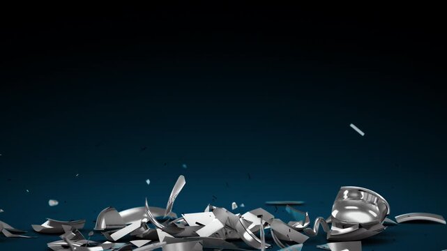 Metallic alarm clock breaking apart into suspended fragments and glass shards against blue background, captured mid-air as dramatic concept of time pressure