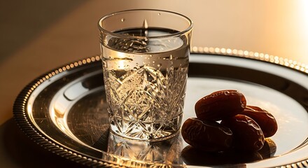 A glass of water next to dates on a silver tray, symbolizing the breaking of a fast during ramadan.
