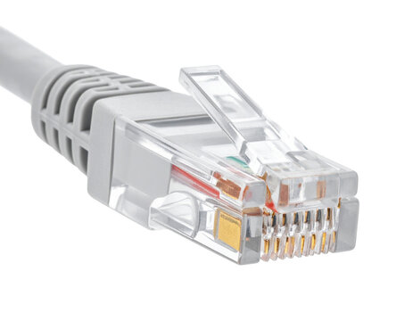 Ethernet Network Cable with Molded RJ45 Connector Close-Up, Straight Horizontal Layout, Isolated on Transparent Background