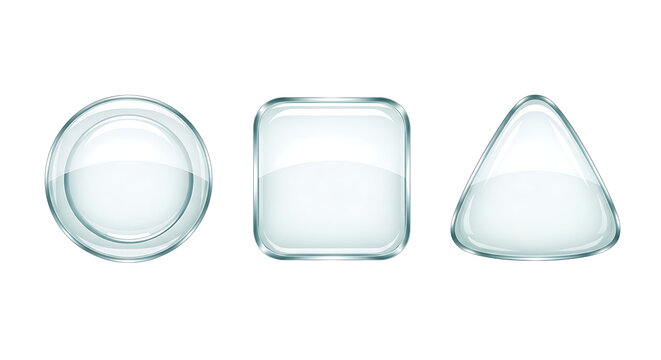 Collection of three glossy, transparent buttons: circle, rounded square, and triangle, isolated on a white background, representing UI elements or abstract shapes.