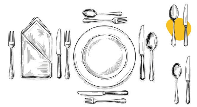 Detailed vintage style engraving of a formal table place setting including plates, cutlery, and a folded napkin.