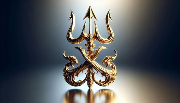 A golden trishula crisscrossed on a reflective surface