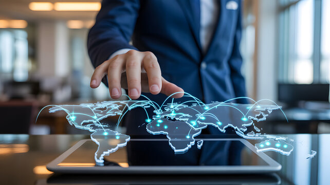 A business professional in a suit touches an illuminated virtual world map showing global network connections projected from a tablet in a modern office This symbolizes worldwide c