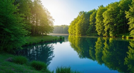 A calm blue lake resting beside a gently flowing river, surrounded by lush green trees and soft grass. The water of both the lake and river reflects the clear sky like a mirror. The atmosphere is quie