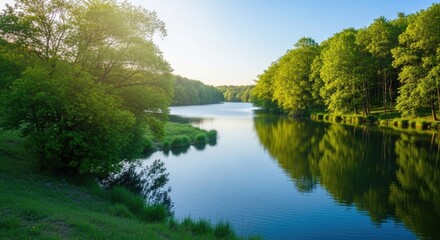 A calm blue lake resting beside a gently flowing river, surrounded by lush green trees and soft grass. The water of both the lake and river reflects the clear sky like a mirror. The atmosphere is quie