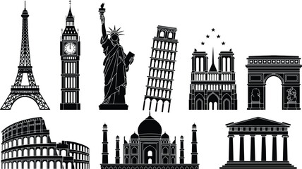 Famous world landmarks silhouette set, iconic monuments and historic architecture vector illustration isolated on white background © Jakiatur