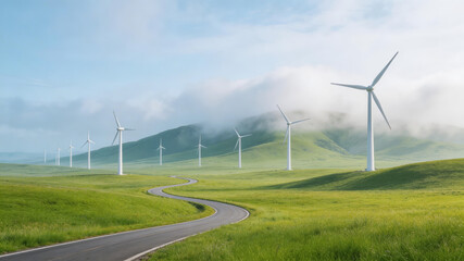 Row of wind turbines on rolling green hills with a winding road. Misty mountains, clear sky, and lush grass highlight renewable energy infrastructure in a natural landscape.