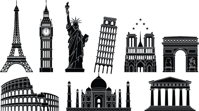 Famous world landmarks silhouette set, iconic monuments and historic architecture vector illustration isolated on white background