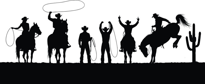 Western cowboy rodeo silhouette scene, horse riders with lasso in desert landscape isolated vector illustration background