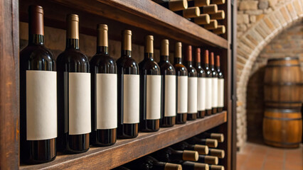 Wine bottles lined up on wooden shelves in a wine cellar with barrels in the background during daytime