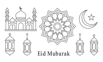Fototapeta premium Eid Mubarak celebration icons with mosque lanterns and crescent moon