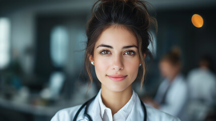 Fototapeta premium A dedicated doctor assists patients in a well-lit clinic, showcasing her expertise and warmth Generative AI