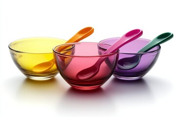 selective focus glass mixing bowls with colorful measuring spoons on kitchen counter