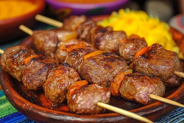 selective focus peruvian anticuchos beef skewers served with spicy sauce on plate
