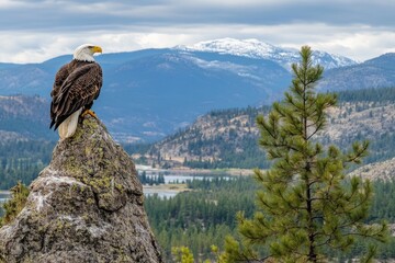 selective focus majestic bald eagle resting on pine tree with panoramic mountain views