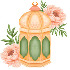 Watercolor Islamic Lantern with Peach Flowers. Decorative Fanoos Illustration for Ramadan & Eid Celebrations.