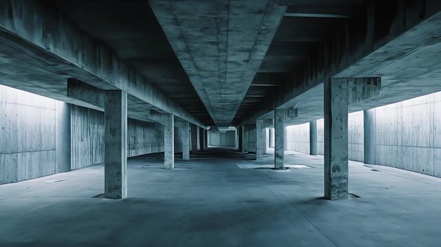 Concrete pillars and raw walls define a vast, empty underground multi story space, creating a strong sense of minimalism, construction, and modern architecture