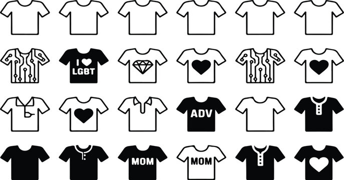 T Shirt Design Icon Set Featuring Graphic Tees, Pride Shirt, Heart Print, Cannabis Leaf and Slogan Apparel Vector Collection