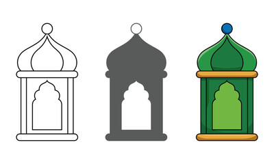 Three different colored lanterns with domed tops and arched windows side by side