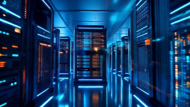 A long corridor of computer servers with blue and orange lights