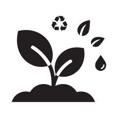 Fototapeta premium A simple black and white icon depicting a growing plant sprout with recycling symbols above it