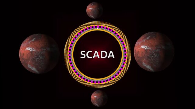 S C A D A system and symbols on dark background with glowing neon lines and dots SCADA industrial control ,4k