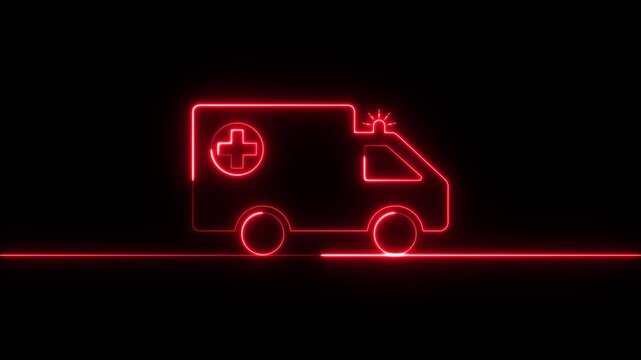 Neon Glowing Colorful transport on way road ambulance icon animation. Ambulance emergency service. Medical rescue service video footage.