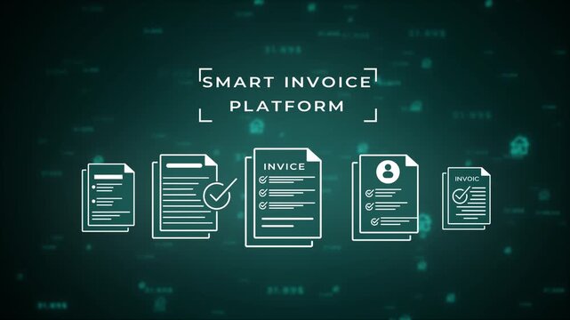 Visual representation of a smart invoice platform using simplified for documents and financial information on a dark teal background with abstract digital patterns and currency symbols signifying