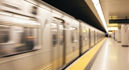 Subway train in motion at underground station platform.