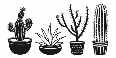 Illustration of three cacti and a tall columnar cactus in pots Vector ©  MST RABEYA  BEGUM