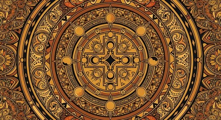 An intricate golden mandala with ornate circular patterns and designs