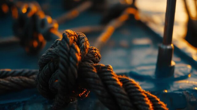 Nautical rope tied in a secure knot on a weathered boat deck, bathed in warm golden hour light at sunset, textured maritime detail suggesting anchoring and travel
