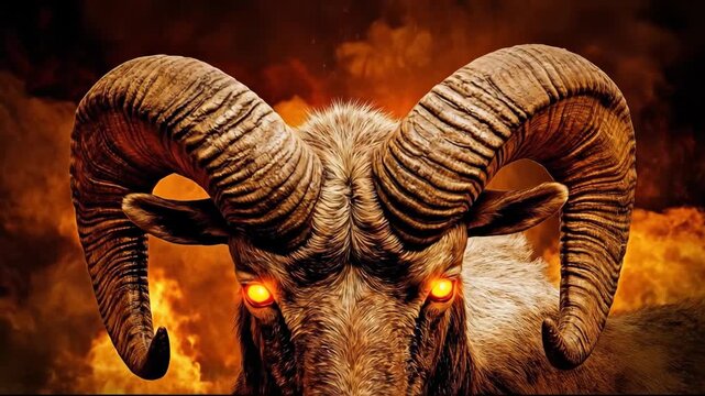 A fierce ram with glowing eyes against a fiery background.